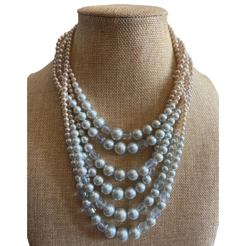 Vintage Style Multi Strand Faux Pearl Bib Necklace Grey Cream‎ Gradient Layering